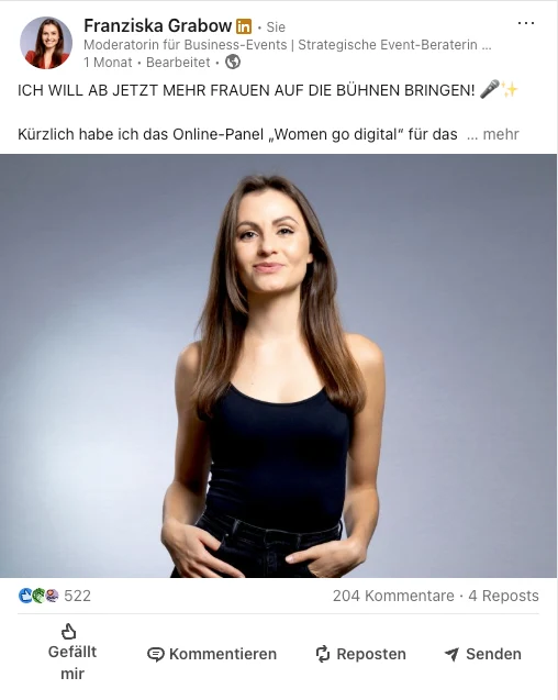 LinkedIn Post: ICH WILL AB JETZT MEHR FRAUEN AUF DIE BÜHNEN BRINGEN!